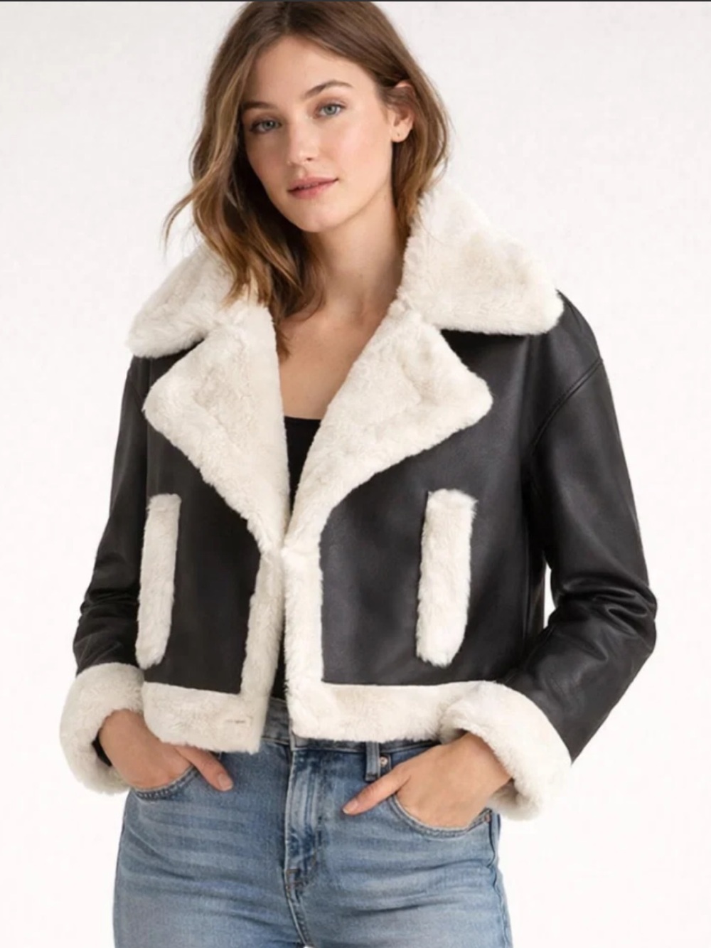 Abercrombie & Fitch Shearling Jacket Black Cream XS